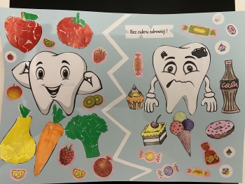 plakat-wesoły ząb wśród warzyw, smutny ząb wśród słodyczy