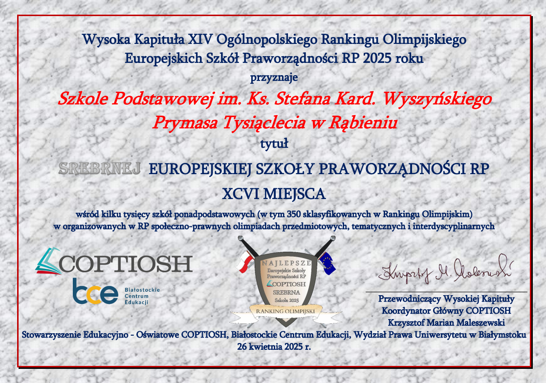 Dyplom Srebrnej Szkoły w Rankingu Olimpijskim